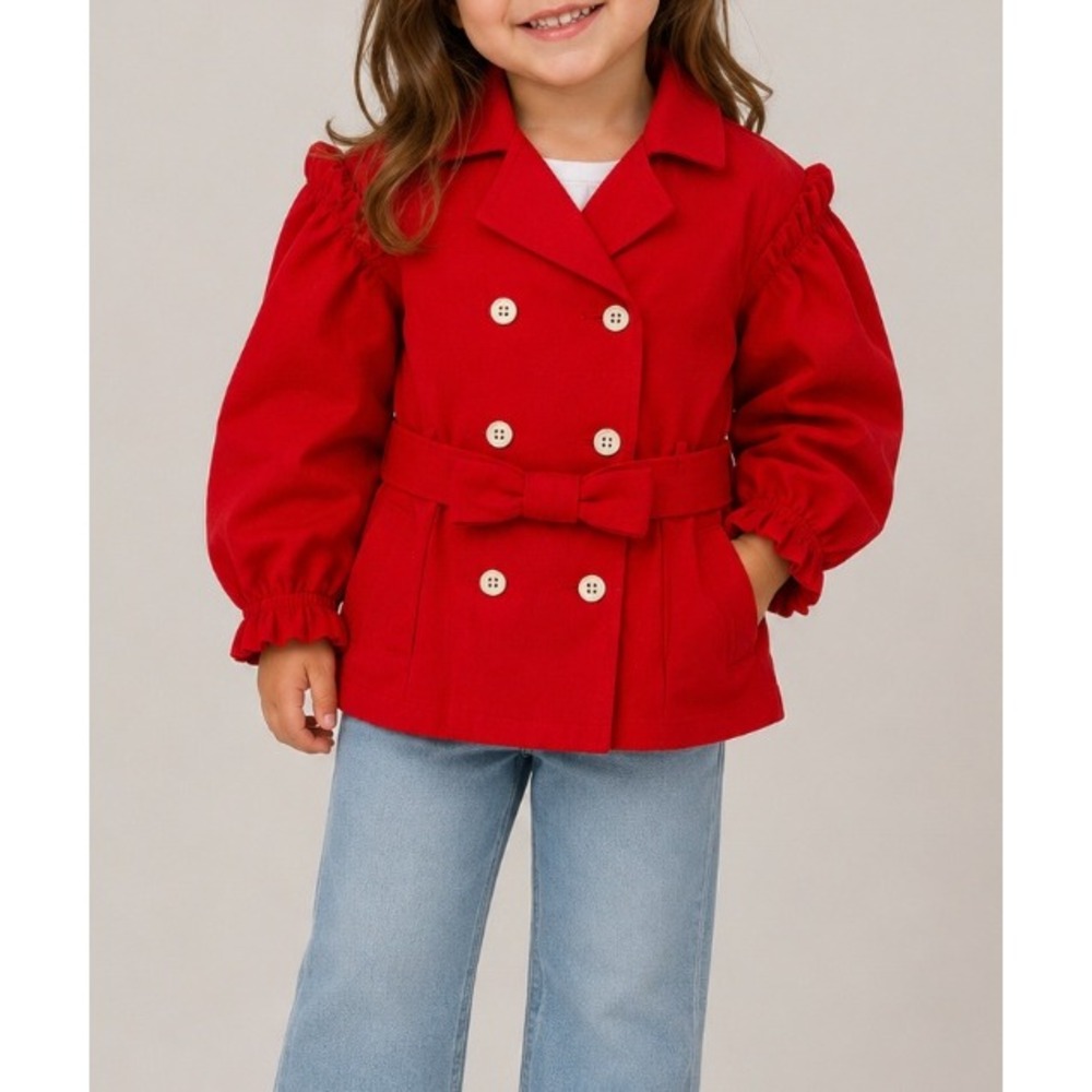 NEW Janie and Jack Girls Red Puff Sleeve Double Breasted Trench Coat Size 3-4